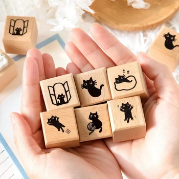 Серия котки с 6 рисунки, дървени печата за канцеларски материали, изработка на картички за scrapbooking, изготвяне на албуми, дървени печат 2