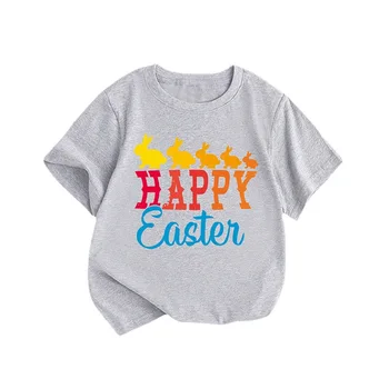 Тениска за почивка момчета, Великденски детски дрехи 2024, пролет и лято, пуловер с къс ръкав и кръгло деколте с анимационни принтом заек 4