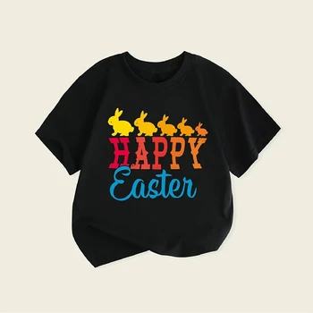 Тениска за почивка момчета, Великденски детски дрехи 2024, пролет и лято, пуловер с къс ръкав и кръгло деколте с анимационни принтом заек 5